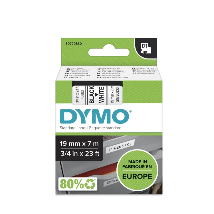 Taśma D1 - 19 mm x 7 m, czarny / biały, 45803, S0720830