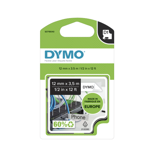 Taśma D1 - 12 mm x 3.5 m - nylonowa, czarny / biały, 16957, S0718040