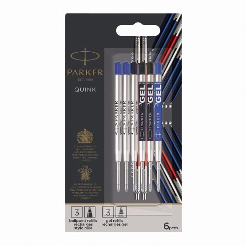 PARKER Wkłady do długopisów MIX 6szt. na blistrze (QiunkFLow 2x niebieskie + 1x czarny, GEL: 2x czarne + 1x niebieski), 2032738