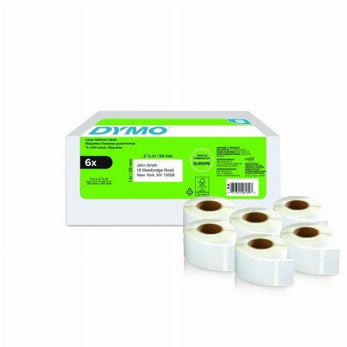 Pakiet Etykieta na adres zwrotny - 25 x 54 mm, białe, 6 rolek po 500 etykiet, 11352, 2177564