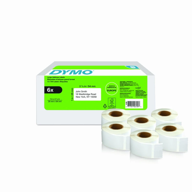 Pakiet Etykieta na adres zwrotny - 25 x 54 mm, białe, 6 rolek po 500 etykiet, 11352, 2177564